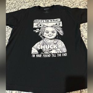 Chucky t shirt with print logo on front and wording on back
